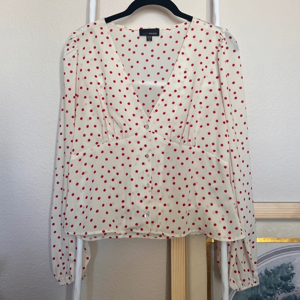 Lucy Paris Red Polka Dot Blouse | Size M | Retro Button Down Top